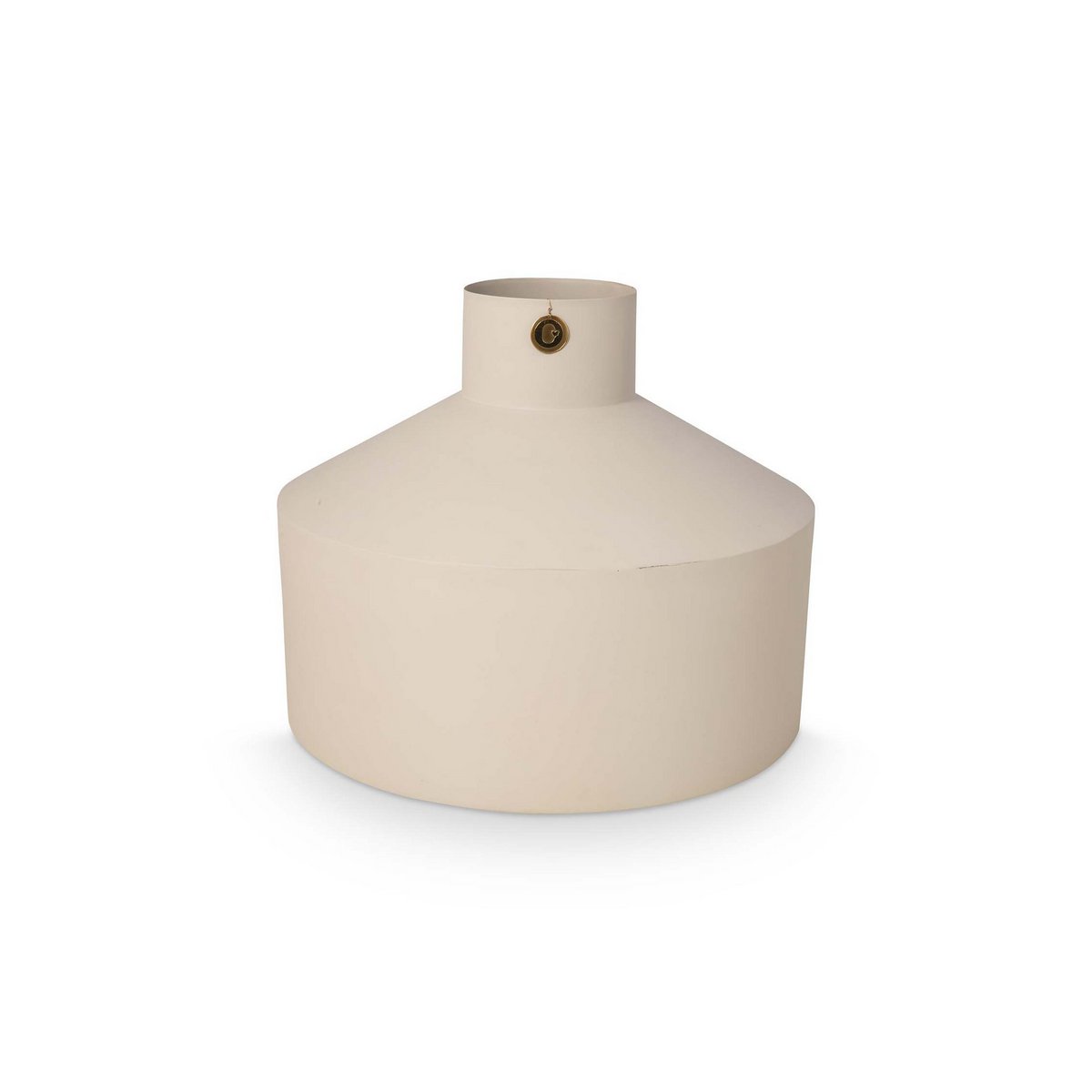 Vase mit Metallemblem- Sand